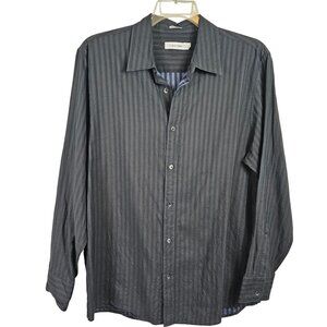 Men Work Business Casual Office Dress Shirt Navy Blue Stripe Gray Calvin Klein L